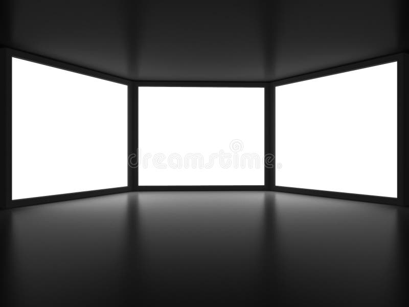 View from inside of dark room on three white window like embrasures. View from inside of dark room on three white window like embrasures