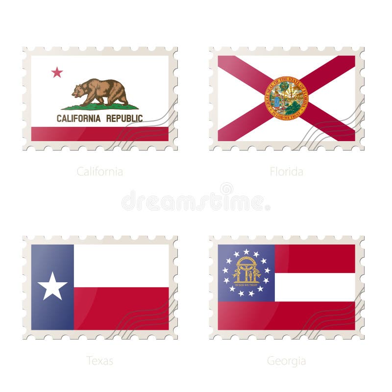 Znaczek pocztowy z wizerunkiem Kalifornia, Floryda, Teksas, Gruzja stanu flaga ilustracja wektor Znaczek pocztowy z wizerunkiem Kalifornia, Floryda, Teksas, Gruzja stanu flaga ilustracja wektor