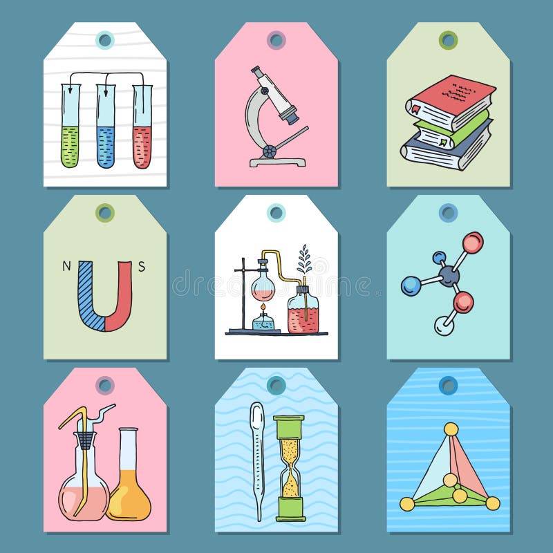 Znaczniki naukowe. symbole chemiczne wzory tub książki mikroskop magnetyczny. etykiety wektorowe w stylu kreskowym ilustracji