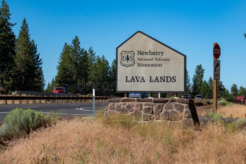 Oregon, USA - August 3, 2020: Sign for the Newberry National Volcanic Monument Lava Lands. Oregon, USA - August 3, 2020: Sign for the Newberry National Volcanic Monument Lava Lands