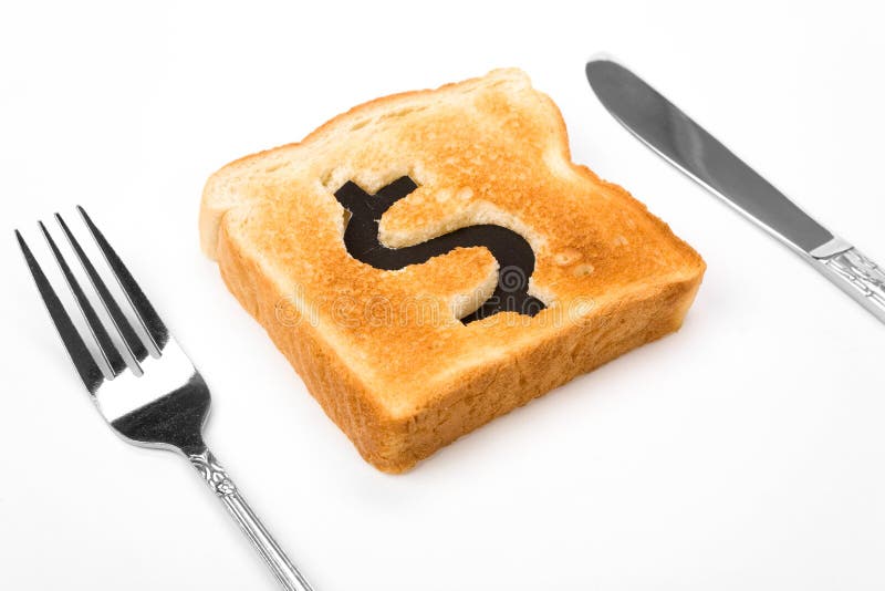 Bread slice with dollar sign, concept high price of food or food for business. Bread slice with dollar sign, concept high price of food or food for business