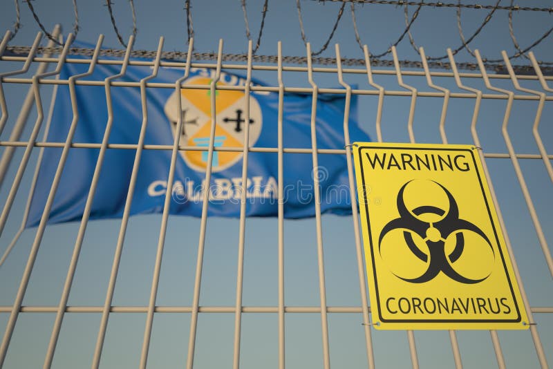 Coronavirus warning sign on the fence against flag 3D. Coronavirus warning sign on the fence against flag 3D