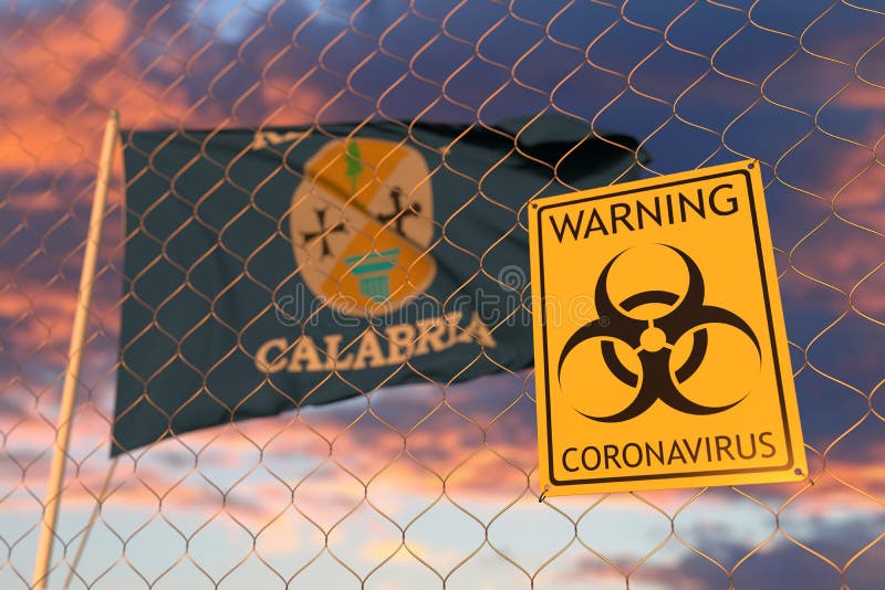 Coronavirus warning sign on the fence against waving flag 3D. Coronavirus warning sign on the fence against waving flag 3D