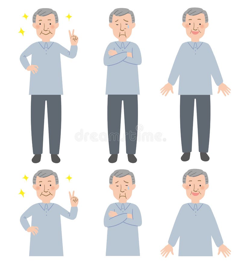 Peace sign, crying, upper body and the whole body of vector illustration set of bright expression of Grandpa-An oriental grandpa with gray hair. Peace sign, crying, upper body and the whole body of vector illustration set of bright expression of Grandpa-An oriental grandpa with gray hair