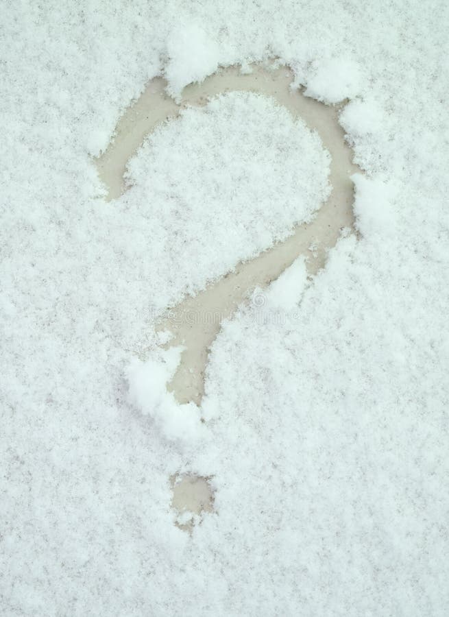 Question mark painted on white snow closeup. Changeable air temperature in winter concept. Question mark painted on white snow closeup. Changeable air temperature in winter concept