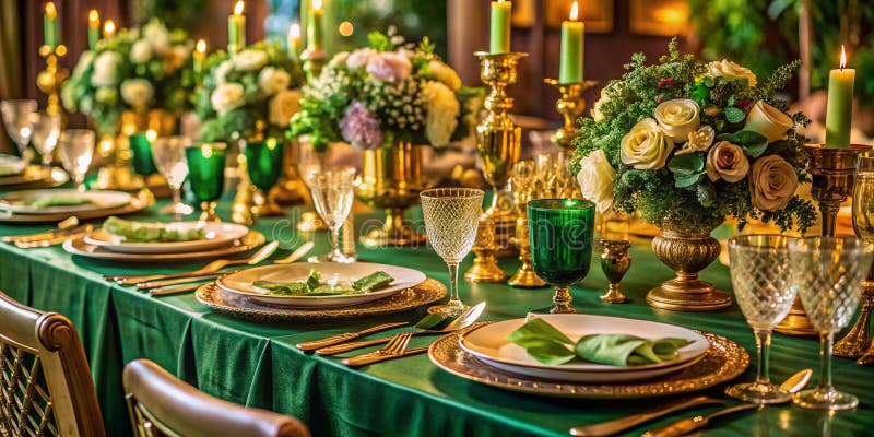 Wykwintne dekoracje weselne w kolorze złotym i szmaragdowozielonym: Eleganckie nakrycia stołów w stylu vintage dla ponadczasowej a royalty ilustracja
