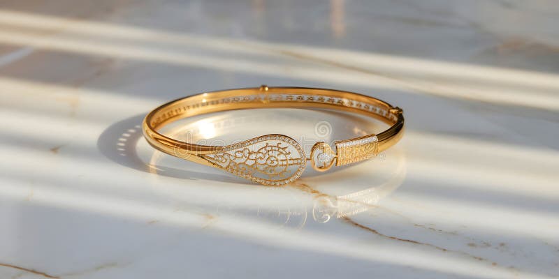 Znakomity bransoletka Gold Bracelet z skomplikowanymi wzorami i diamentowym akcentem widocznym elegancko na białej powierzchni mar ilustracji