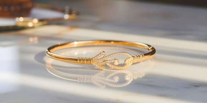 Znakomity bransoletka Gold Bracelet z skomplikowanymi wzorami i diamentowym akcentem widocznym elegancko na białej powierzchni mar ilustracja wektor