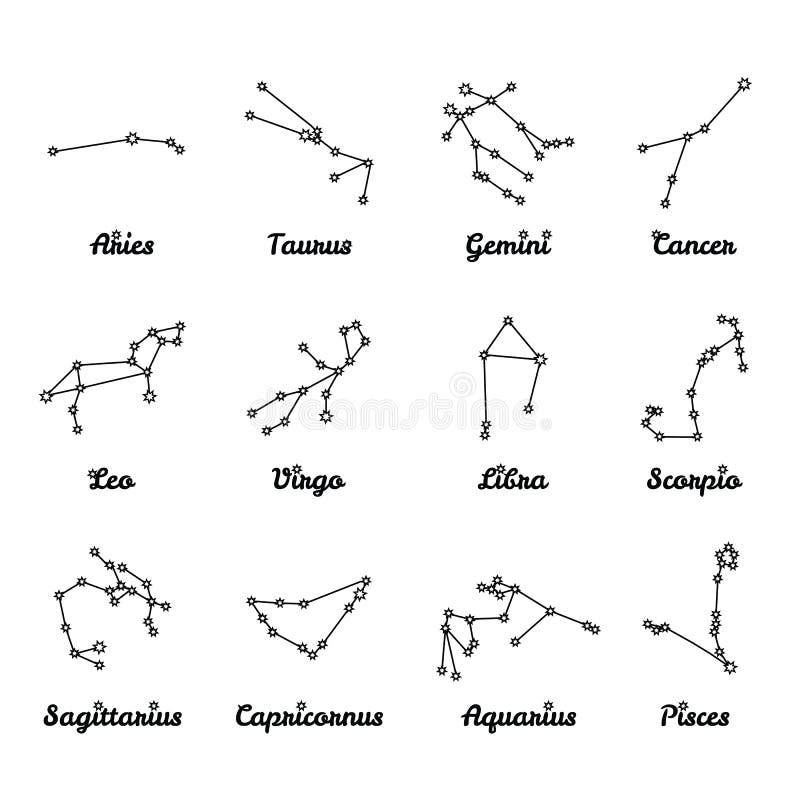 12 Zodiac Constellations with Captions. Set of Simple Illustrations ...