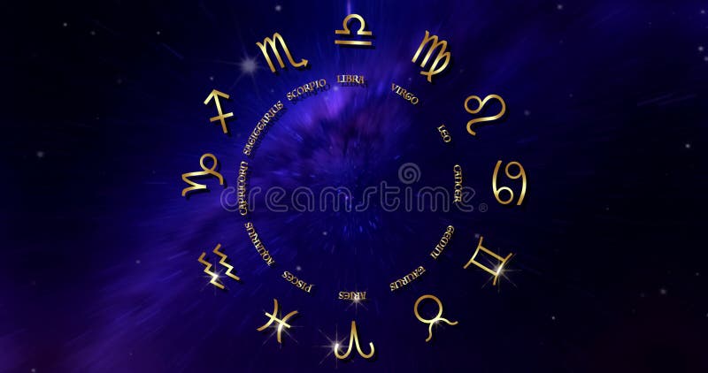 Zodiac Horoscope Astrological Signs On A Spinning Wheel. 12 gold luxury Sign of Zodiac, Astrology on blue galaxy background