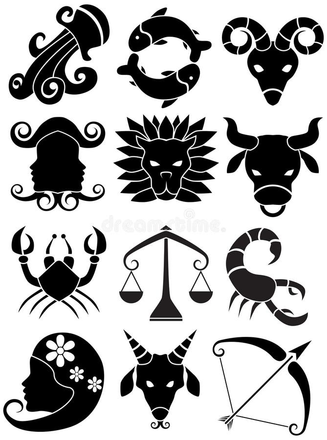 Un conjunto compuesto por 12 zodíaco horóscopo iconos en blanco y negro.