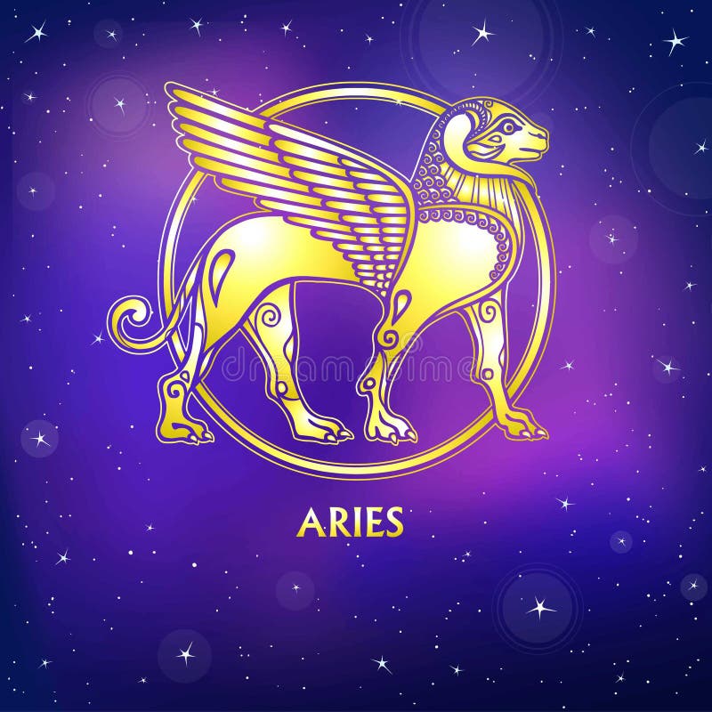 Zodiac sign Aries. Character of Sumerian mythology. Gold imitation.