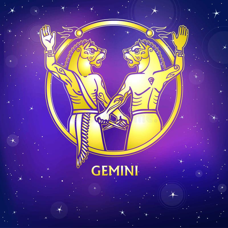 Zodiac sign Gemini. Character of Sumerian mythology. Gold imitation.