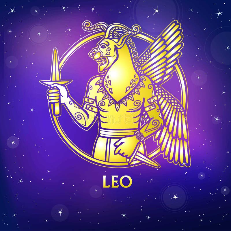 Zodiac sign Leo. Character of Sumerian mythology. Gold imitation.