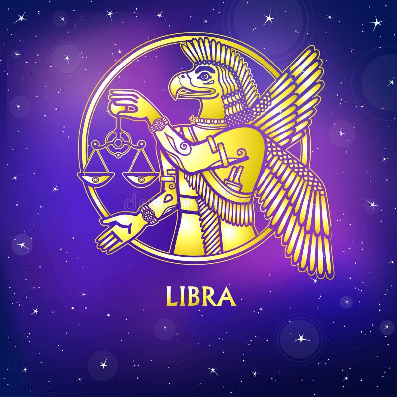 Zodiac sign Libra. Character of Sumerian mythology. Gold imitation.