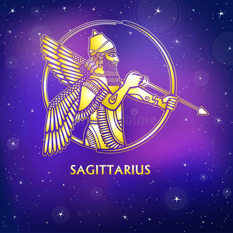 Zodiac sign Sagittarius. Character of Sumerian mythology. Gold imitation.