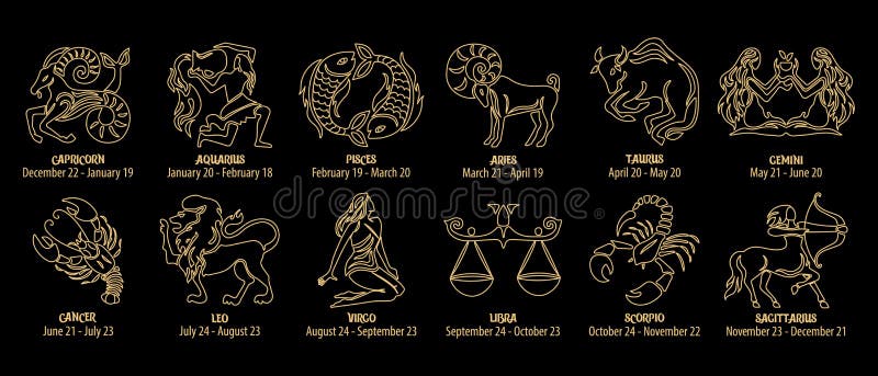 Zodiac Signs, Astrological Horoscope Signs. Contour Golden Drawings on ...
