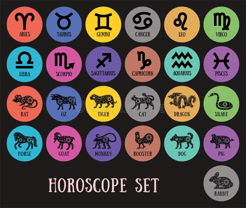 Zodiac Signs and Chinese Horoscope. Aquarius, Libra, Leo, Taurus Stock  Vector - Illustration of esoteric, flower: 124726324
