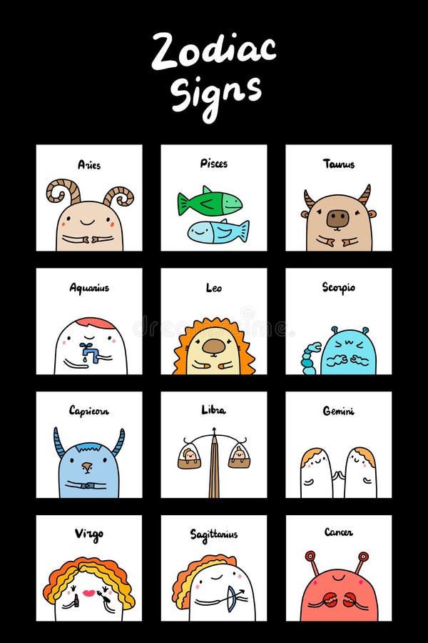 Zodiac Signs Hand Drawn Vector Illustrations Set in Cartoon Comic Style ...