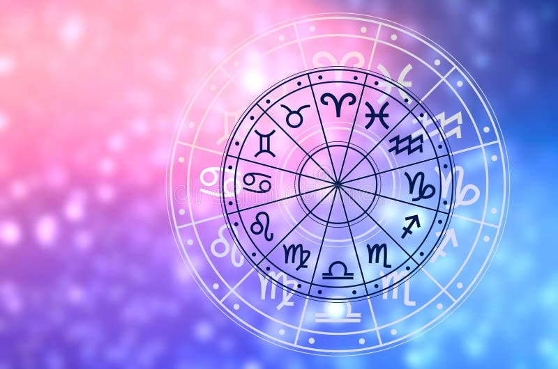 Zodiac signs inside of horoscope circle. Astrology in the sky with many stars and moons astrology and horoscopes concept royalty free illustration Zodiac signs inside of horoscope circle. Astrology in the sky with many stars and moons astrology and horoscopes concept royalty free illustration
