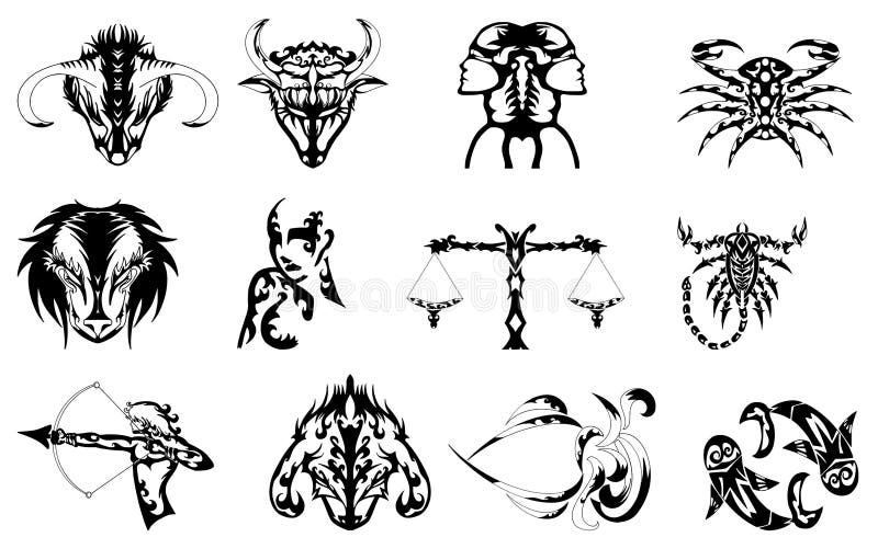 set of Zodiac signs tattoos in black, fantasy, art.