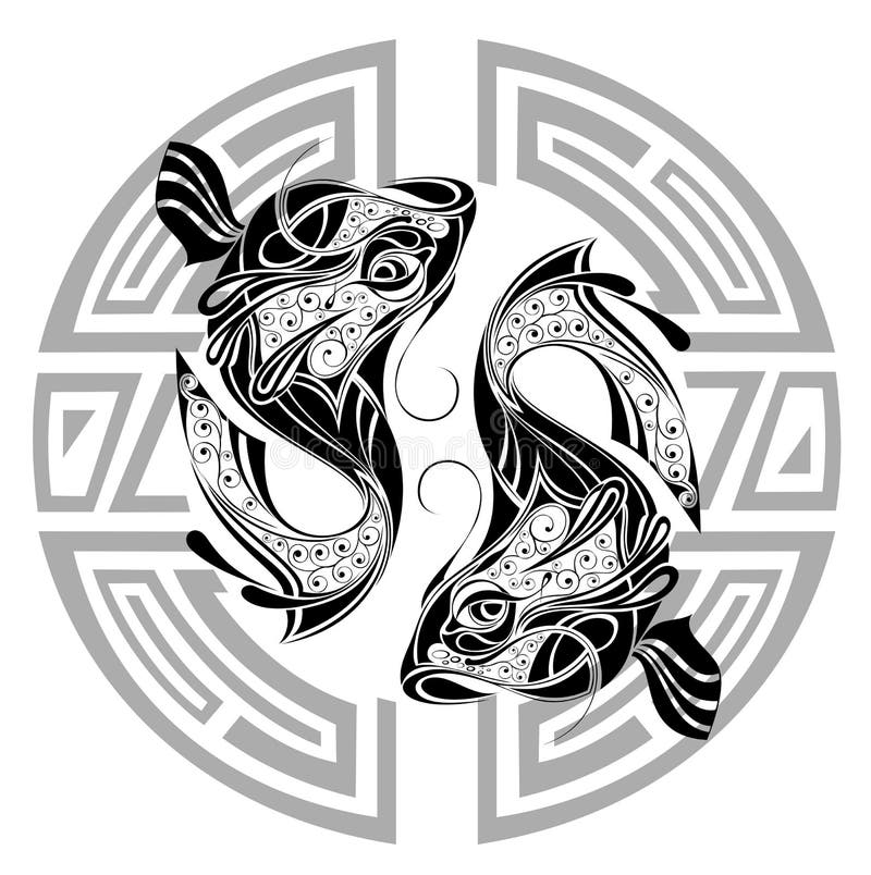 Zodiac wheel with sign of Pisces.Tattoo design