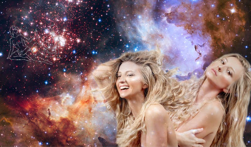 Gemini Zodiac Sign. Astrology and horoscope concept, Beautiful woman Gemini on the galaxy background. Gemini Zodiac Sign. Astrology and horoscope concept, Beautiful woman Gemini on the galaxy background