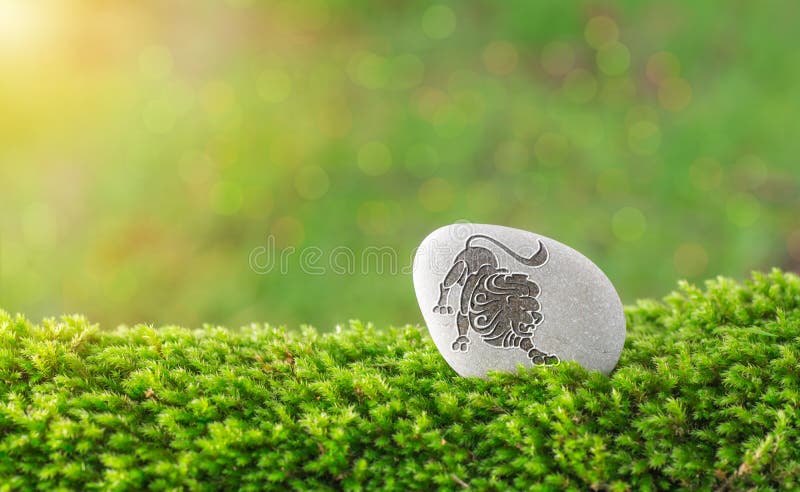 Leo zodiac symbol in stone on grass with nature bokeh light background. Leo zodiac symbol in stone on grass with nature bokeh light background