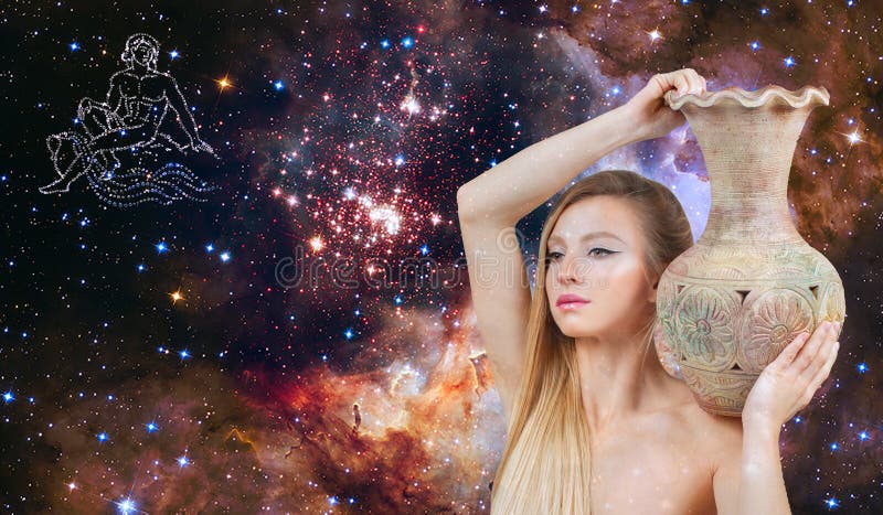 Aquarius Zodiac Sign. Astrology and horoscope concept. Beautiful woman Aquarius on the galaxy background. Aquarius Zodiac Sign. Astrology and horoscope concept. Beautiful woman Aquarius on the galaxy background