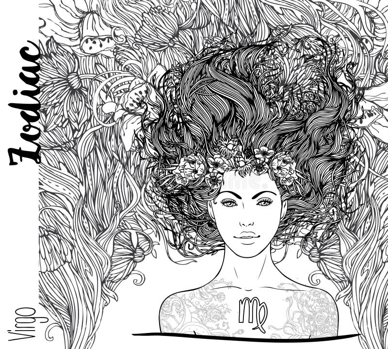 Zodiaco: ejemplo de la muestra del zodiaco del virgo como muchacha hermosa V ilustración del vector Zodiaco: ejemplo de la muestra del zodiaco del virgo como muchacha hermosa V ilustración del vector