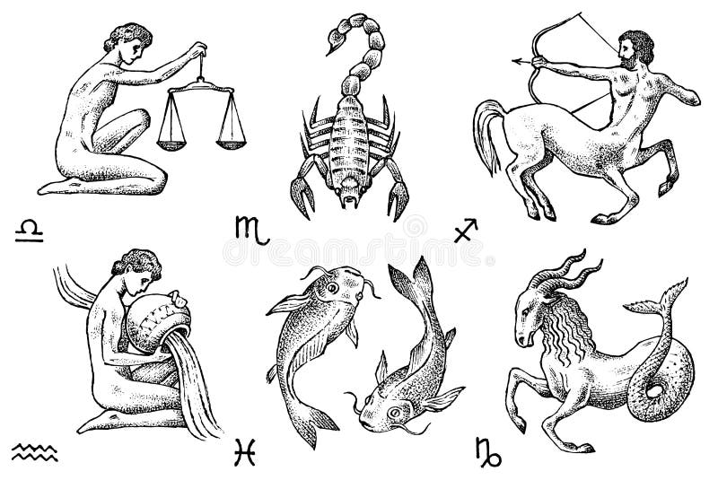 zodiak ikony Astrologia horoskop z znakami Kalendarzowy szablon Inkasowi konturów zwierzęta Klasyczny rocznika styl ilustracja wektor zodiak ikony Astrologia horoskop z znakami Kalendarzowy szablon Inkasowi konturów zwierzęta Klasyczny rocznika styl ilustracja wektor