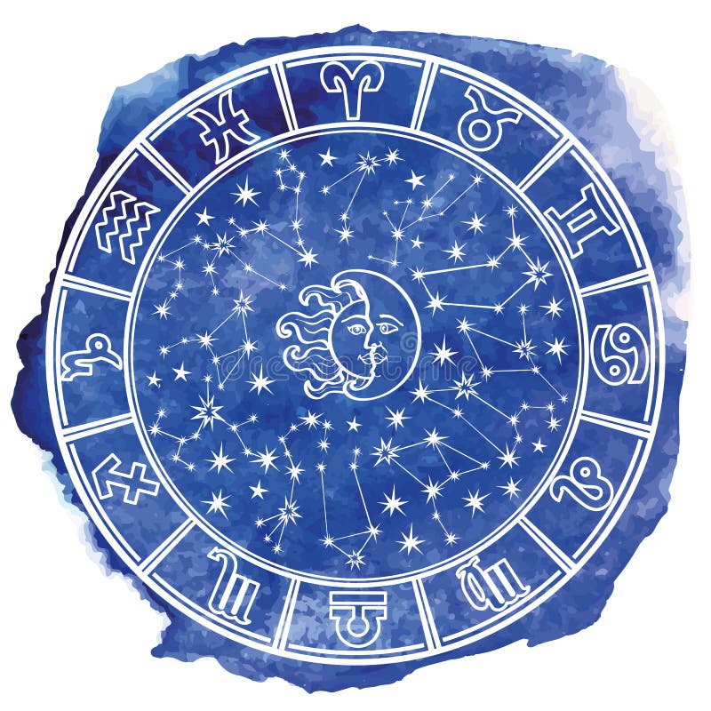 Zodiak podpisuje wewnątrz horoskopu okrąg niebieska akwarela