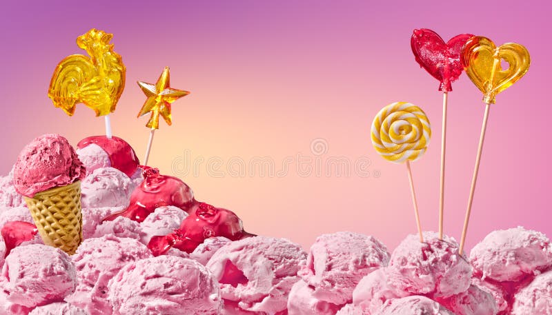 Sweet magical landscape of ice cream and candy on a pink background. Sweet magical landscape of ice cream and candy on a pink background