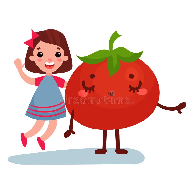 Zoet meisje die pret met reuzetomaten plantaardig karakter hebben, beste vrienden, gezond voedsel voor de vector van het jonge ge royalty-vrije illustratie Zoet meisje die pret met reuzetomaten plantaardig karakter hebben, beste vrienden, gezond voedsel voor de vector van het jonge ge royalty-vrije illustratie