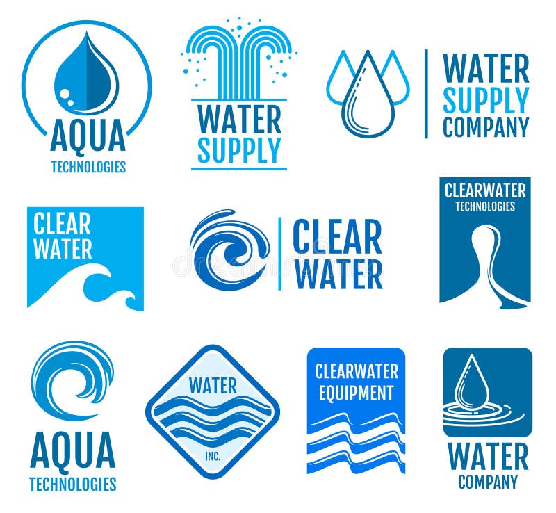 Zoet water vectordieemblemen en etiketten met aquasymbolen worden geplaatst stock illustratie Zoet water vectordieemblemen en etiketten met aquasymbolen worden geplaatst stock illustratie