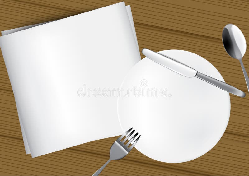 Zombaria acima da placa ou prato realístico, colher do metal, forquilha e faca na mesa de jantar para o alimento com fundo Branco ilustração do vetor Zombaria acima da placa ou prato realístico, colher do metal, forquilha e faca na mesa de jantar para o alimento com fundo Branco ilustração do vetor