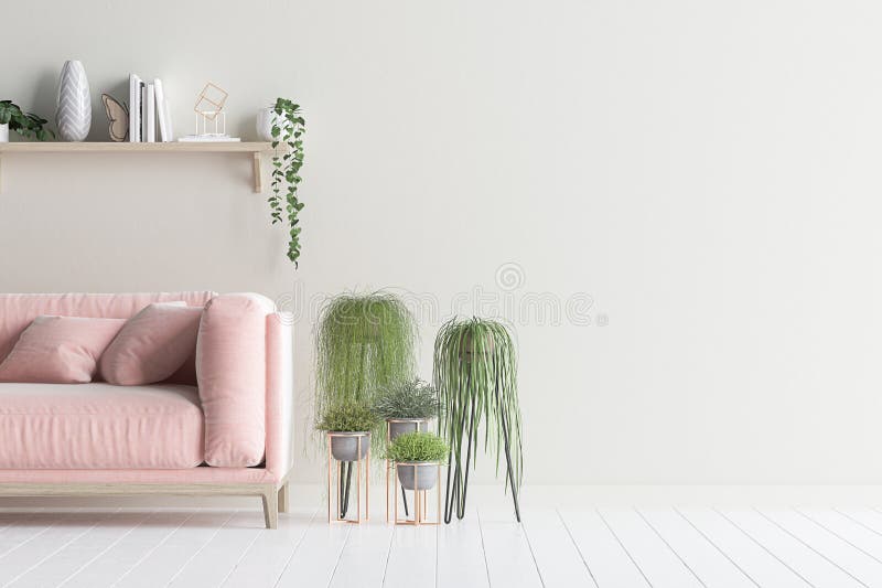 Zombaria da parede interior da sala de visitas acima com sofá e plantas de veludo ilustração royalty free Zombaria da parede interior da sala de visitas acima com sofá e plantas de veludo ilustração royalty free