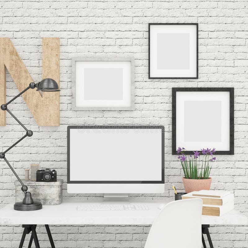 A zombaria do tela de computador ascendente e os quadros da foto zombam acima no escritório contemporâneo e moderno ilustração do vetor A zombaria do tela de computador ascendente e os quadros da foto zombam acima no escritório contemporâneo e moderno ilustração do vetor