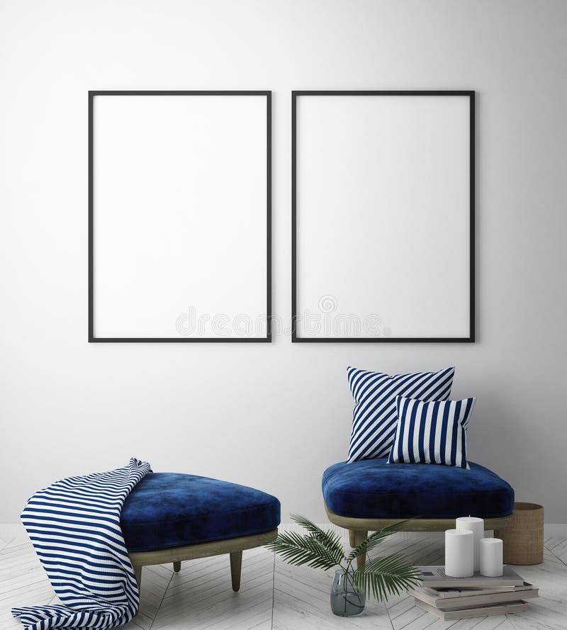 Mock up poster frame in hipster interior background, Scandinavian style, 3D render, 3D illustration. Mock up poster frame in hipster interior background, Scandinavian style, 3D render, 3D illustration