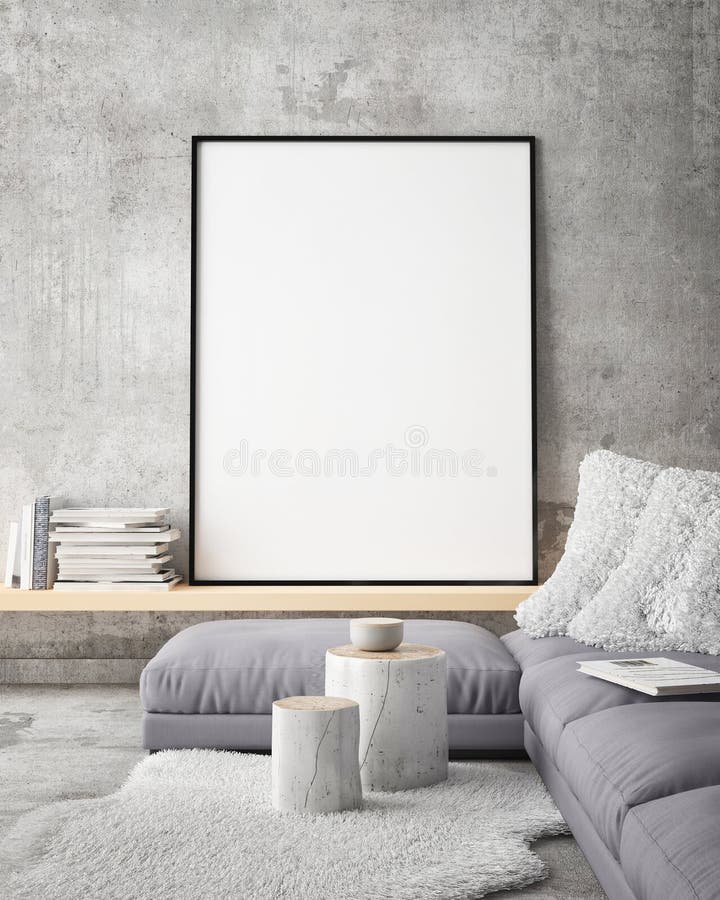 Mock up poster frame in hipster interior background, scandinavian style, 3D render, 3D illustration. Mock up poster frame in hipster interior background, scandinavian style, 3D render, 3D illustration