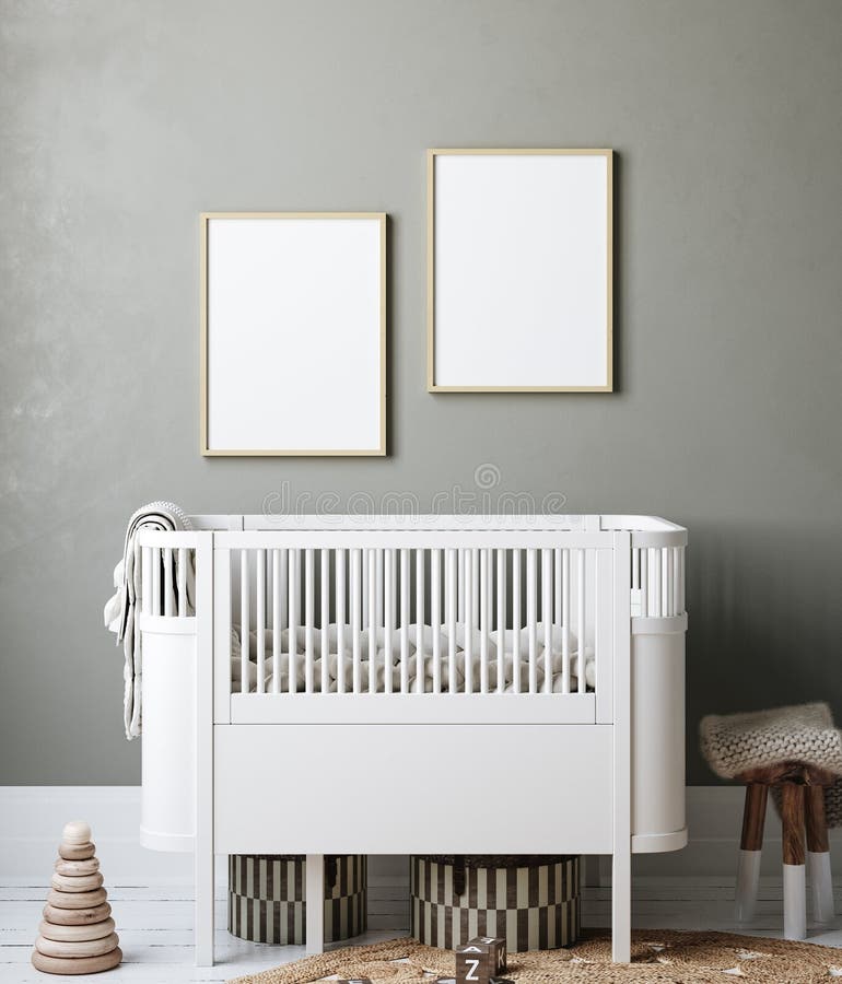 Mock up frame in cozy nursery interior background, Scandinavian style, 3D render. Mock up frame in cozy nursery interior background, Scandinavian style, 3D render