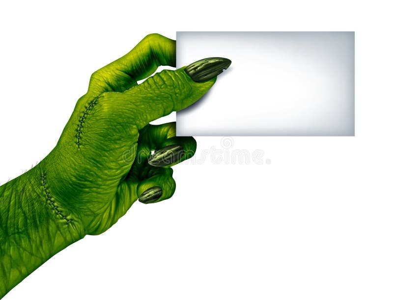 Zombi mano posesión tarjeta de invitación en blanco sobre el página cómo progresivo o aterrador estructurado verde piel arrugado monstruo dedos puntadas aislado sobre fondo blanco.
