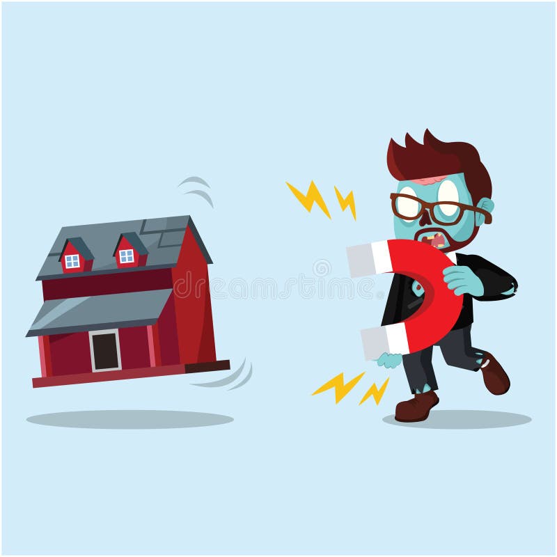 Zombie masculin de afaceri atrage casa folosind magnet royalty free illustration