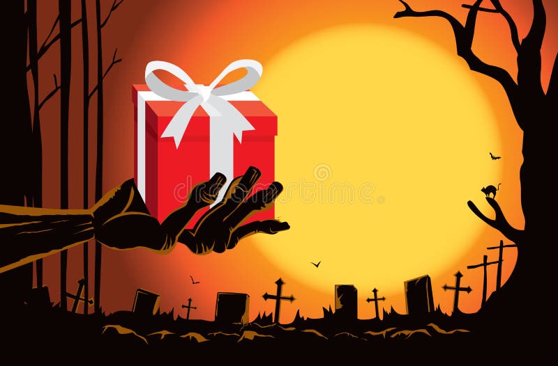 Zombiehand, die Geschenkbox am Grab hält lizenzfreie abbildung Zombiehand, die Geschenkbox am Grab hält lizenzfreie abbildung