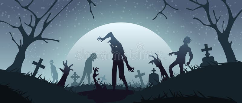 Zombies on Graveyard. Cemetery Background with Scary Monsters Silhouettes  and Creepy Gravestones. Spooky Night Landscape Stock Vector - Illustration  of evil, dark: 229075012
