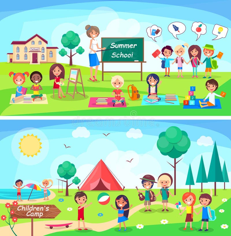 Zomercursus en van Kinderen Kampillustraties royalty-vrije illustratie Zomercursus en van Kinderen Kampillustraties royalty-vrije illustratie