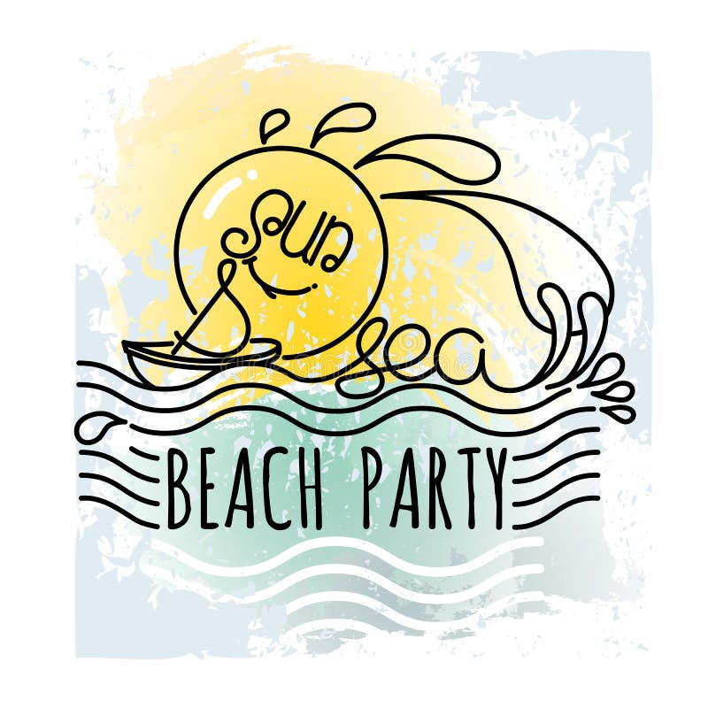 Zon en Overzees strandpartij Vakantiehand getrokken vector royalty-vrije illustratie Zon en Overzees strandpartij Vakantiehand getrokken vector royalty-vrije illustratie