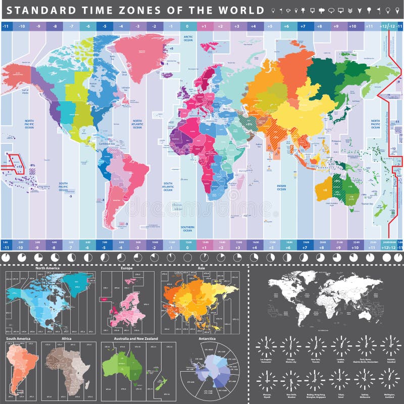 Zonas horarias estándar del mapa del mundo con los continentes por separado stock de ilustración Zonas horarias estándar del mapa del mundo con los continentes por separado stock de ilustración