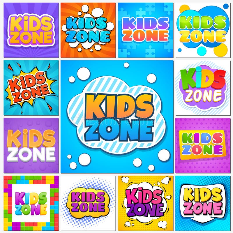 Zone d'enfants Bannières et labels de terrain de jeu de jeu d'enfants avec le lettrage de bande dessinée Les écoliers garent le v illustration stock Zone d'enfants Bannières et labels de terrain de jeu de jeu d'enfants avec le lettrage de bande dessinée Les écoliers garent le v illustration stock