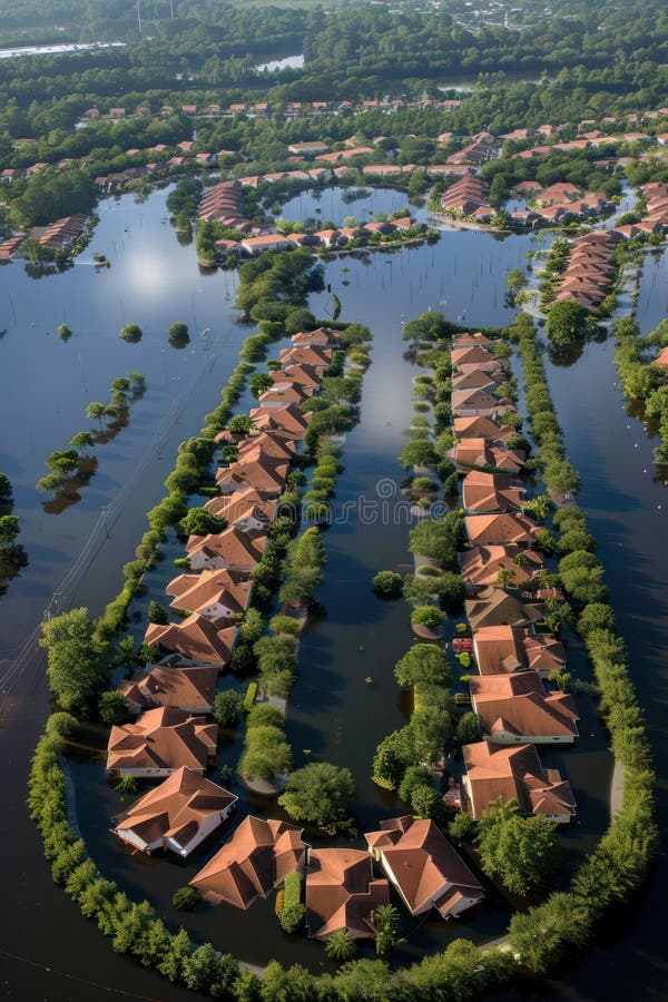 Zone résidentielle inondée vue aérienne. quartier densément peuplé sous l'eau en raison de la montée du niveau de l'eau. rouge et photos stock